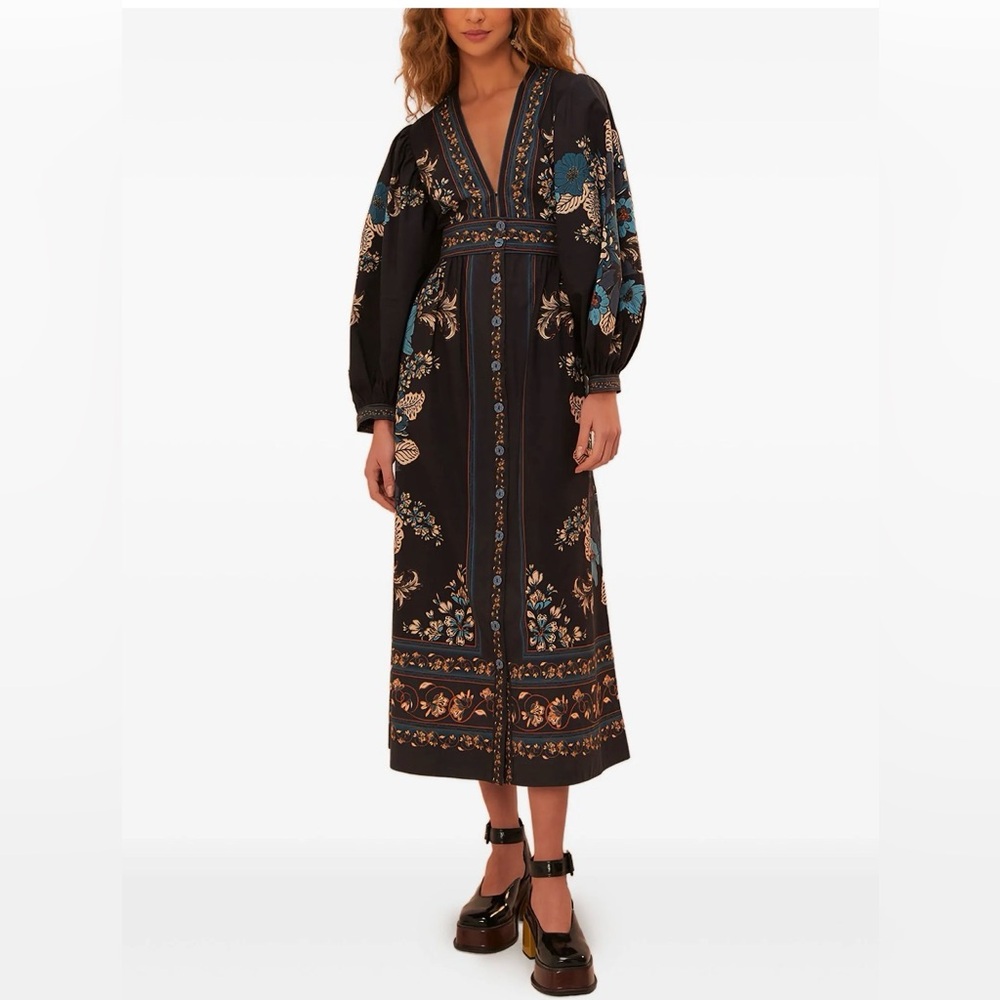 Farm Rio Blossom Tapestry Black Midi Dress